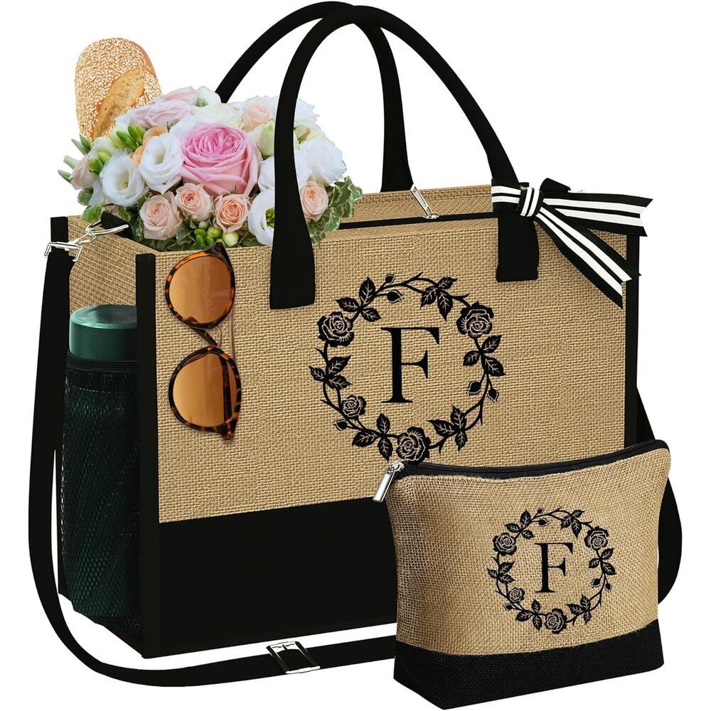 Jute Tote Bag Set - "F" Monogram, Chic, Eco-Friendly & Stylish Gift
